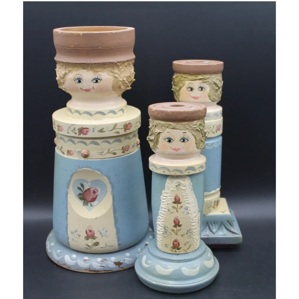 Vintage Folk Art Lady Pillar Candle Holders Set of 3 Hand Painted Wood Composite